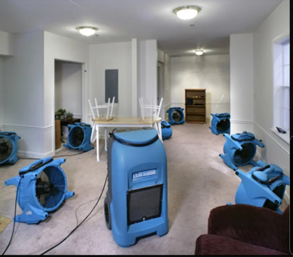 Air movers and dehumidifier setup for Water Damage Restoration in Cheltenham